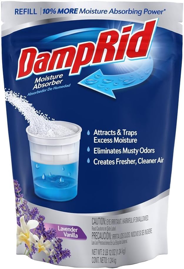 Damp Rid Refillable Moisture Absorber, Includes Single Damp Rid Lavender Vanilla 11oz. Cup & 44oz. Refill Bag - Moisture Absorbers for Closet, 10% More Absorbing Power*, Cleaner Air - ILIOS Packaging.