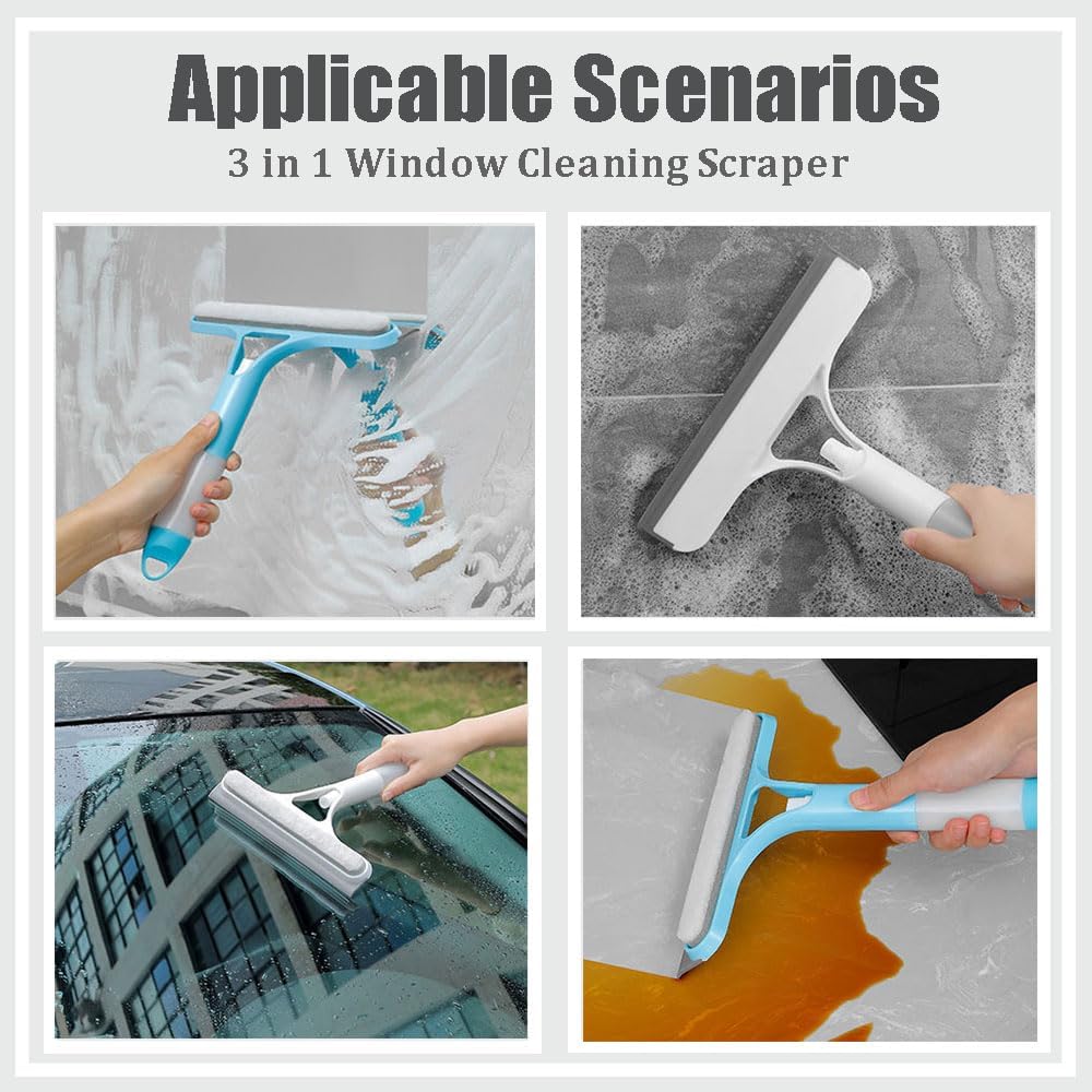 3 in 1 Window Cleaning Scraper, 3 in 1 Window Cleaner Squeegee, Scraper for Cleaning Windows, All-Purpose Window Squeegee with Sprayer for Glass, Wall, Kitchen, Car (White)