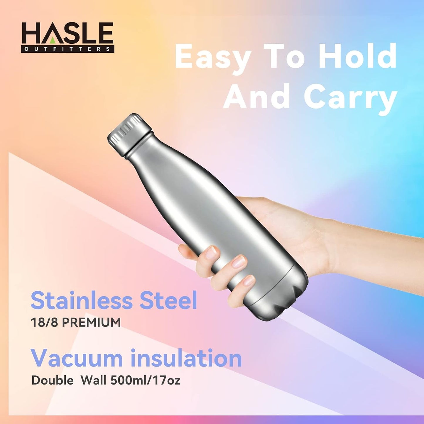 HASLE OUTFITTERS 17oz Stainless Steel Water Bottles Bulk, Vacuum Insulated Water Bottles Double Walled Reusable Metal Sports Water Bottles Keep Drinks Hot and Cold, Stainless, 8Packs