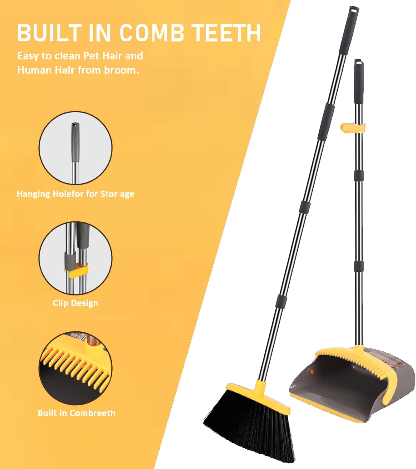 2-Pack is More economical，Upgraded Broom and Dustpan， with 52" Long Handle, Dustpan Teeth with self-Cleaning Function, Indoor and Outdoor Sweeping, Perfect for Home Office