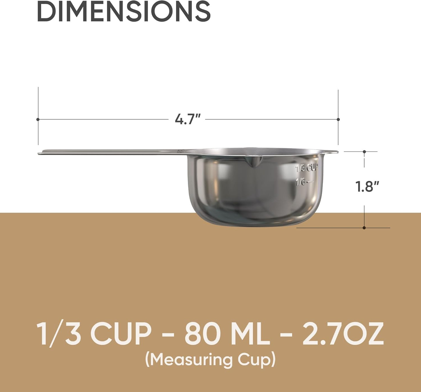 Color Up ⅓ Cup Measuring Cup (80 ml) – Premium Chrome Stainless Steel, Accurate for Wet & Dry Ingredients, Embossed Markings, Easy-Pour Spouts, Dishwasher-Safe, Kitchen Essential