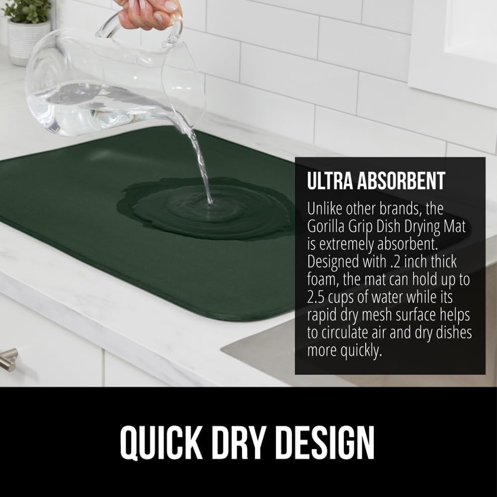 GORILLA GRIP Ultra Water Absorbent Microfiber Dish Drying Mat, Quick Dry Thick Mesh, Slip Resistant Pad for Sink Dishes Under Rack, Kitchen Counter Accessories, 16x18, Machine Wash, 2 PK Hunter Green