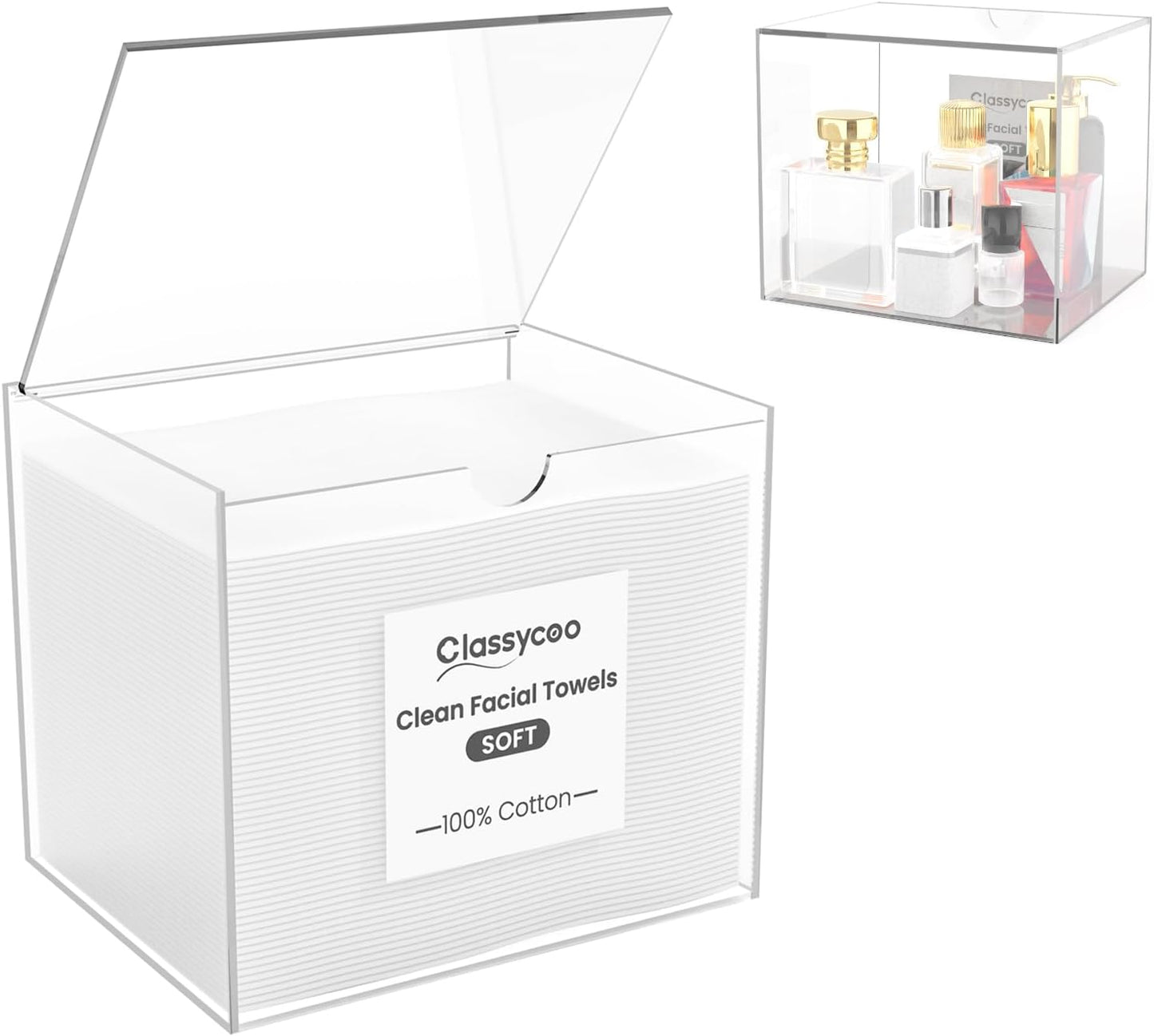 50 PCS Disposable Face Towel Holder, Acrylic Cosmetic Container for Clean Skin Club, XL Clean Towel Makeup Remover Wipes Waterproof Box for Dresser Countertop, Bathroom Storage(Includes Cotton Cloth)