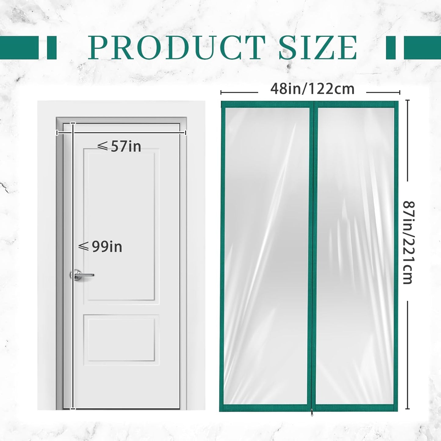Amylove Zipper 48 x 87 Inch Dust Barrier Kit Green Edged Temporary Construction Door Barrier 4 x 7.25 ft Reusable Plastic Curtain Cover Containment Doorway Wall Screen Sheeting for Bathroom Hallway