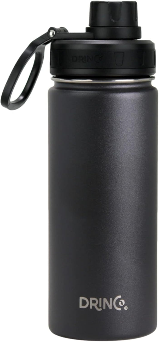 DRINCO Stainless Steel Water Bottle Spout Lid Vacuum Insulated Double Wall Water Bottle Wide Mouth (40oz 32oz 22oz 18oz 14oz) Leak Proof Keeps Cold or Hot (18 oz, 18oz Black)