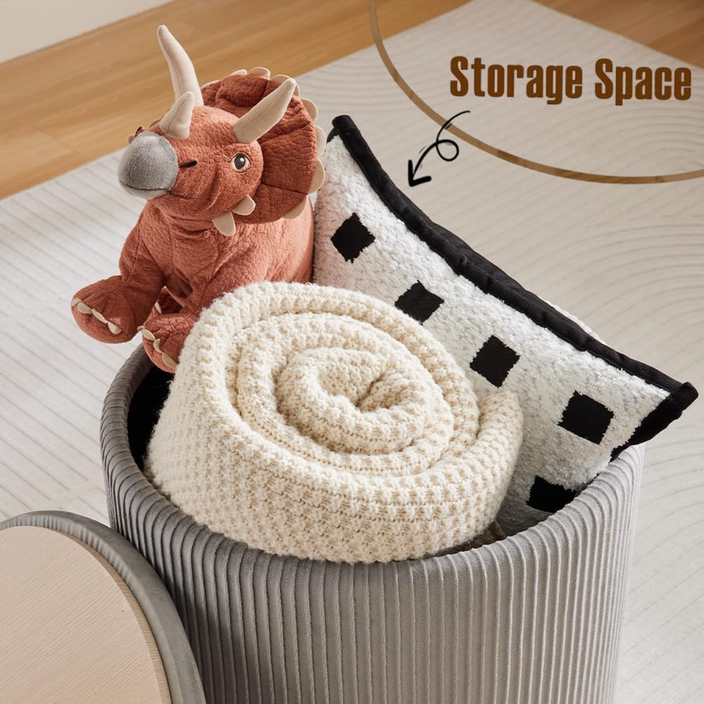 Big Round Ottoman with Storage Set of 2,Upholstered Velvet Vanity Stool for Makeup Multifunctional Foot Rest Coffee Table Padded Seat Tufted Ottomans for Living Room&Bedroom (Grey)