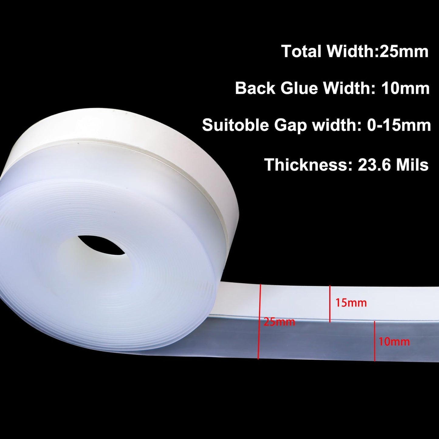 FOURGUN Silicone Weather Stripping Seal Door Tape 25 MM * 16.5FT Insulates Soundproofs Perfect for Door Frames Windows Bathroom Shower Glass Gaps Blocks Cold Air Rain