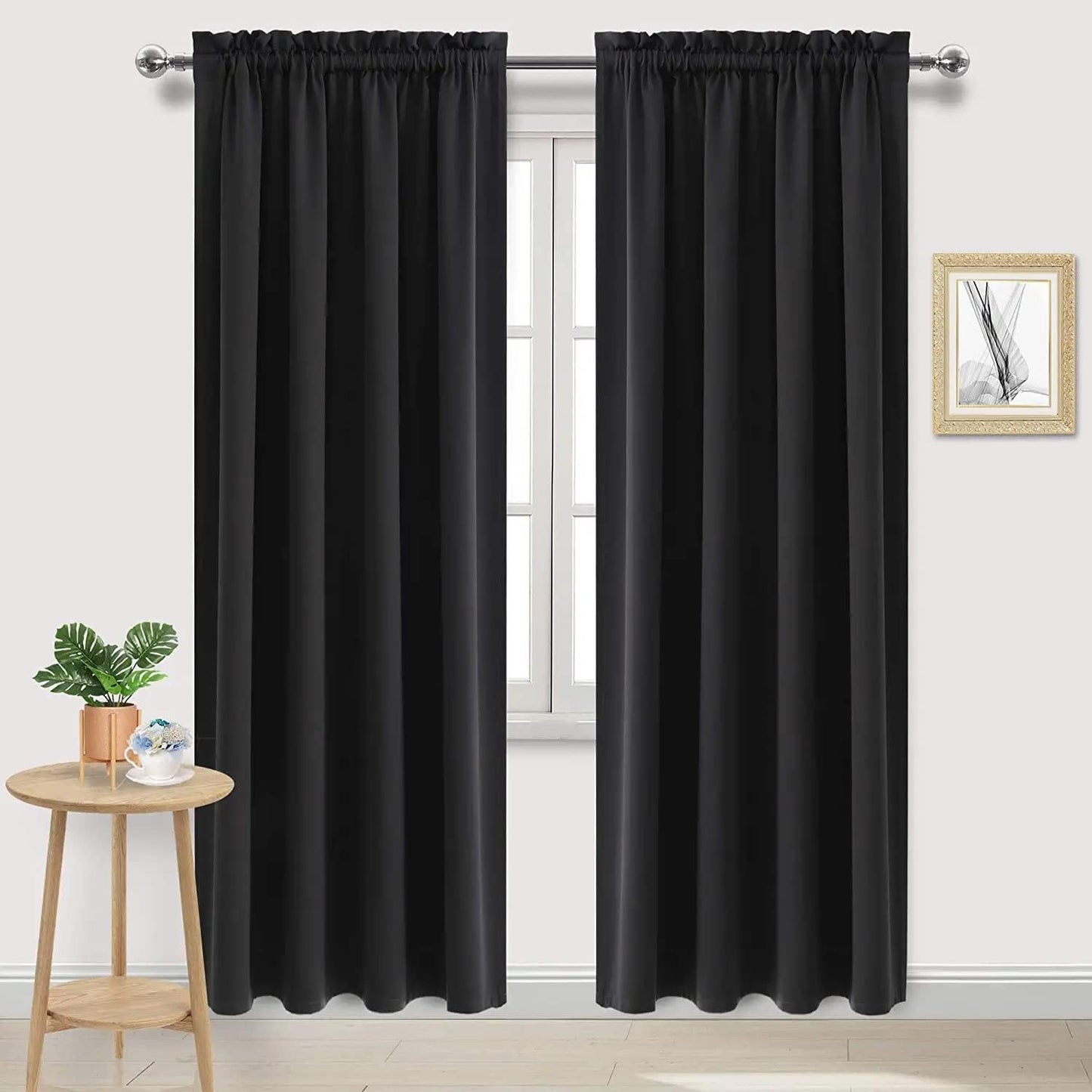 DWCN Blackout Curtains for Living Room Thermal Insulated, Energy Saving & Noise Reducing Bedroom Curtains, Black, W 70x L 84 Inch, Set of 2 Rod Pocket Curtain Panels