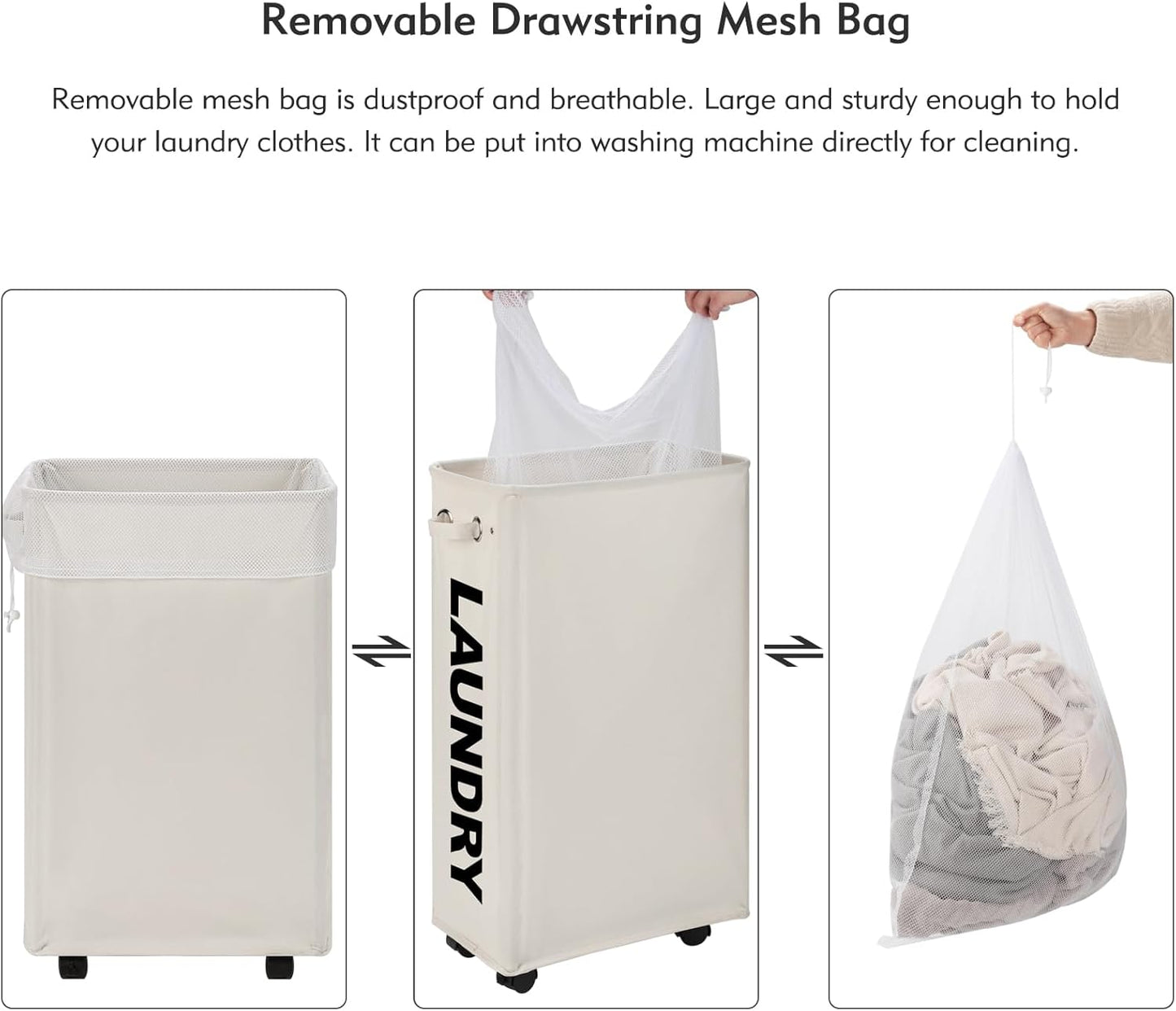 DOKEHOM 29-Inches Enlarged Slim Laundry Basket with Removable Wash Bag on Wheels, Collapsible Rolling Laundry Hamper, Foldable Narrow Corner Clothes Storage Bins (Beige)