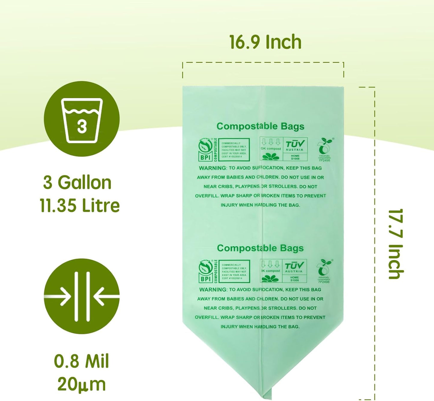 Compostable Trash Bags, Small Compost Bags 3 Gallon, Extra Thick 0.8 Mils, 16.9" x 17.7", 50 Count, Compostable Food Scrap Bags for Kitchen Waste, Green Bin Liners for Garbage Disposal
