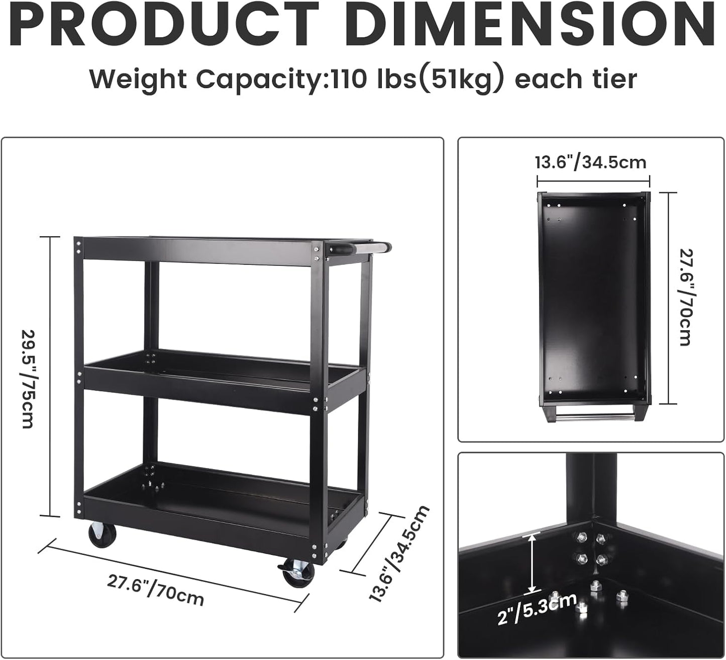 3-Tier Commercial Utility Cart, 3 Shelves Steel Service Tool Cart with Brake Wheels for Mechanics, 330lbs Heavy Duty Rolling Utility Carts Tub Storage Cart for Warehouse Office Garage, Black