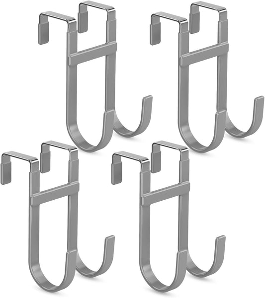 FYY Over The Door Hooks - 4 Pack Heavy Duty Dual-Hook Organizer Hanger with Non-Slip Rubber for Towels, Clothes, Hats & Bags Use in Bathroom, Bedroom, Kitchen - Fits Interior Doors Up to 1 3/8" Grey