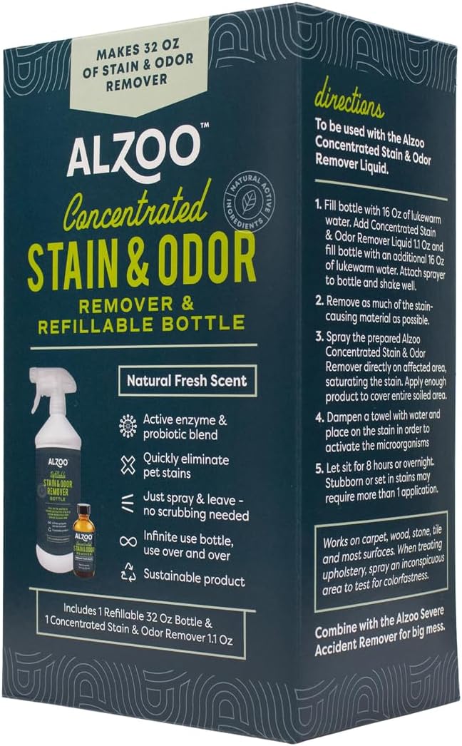ALZOO Concentrated Stain & Odor Remover Bundle Bottle Set, Includes 32 Fl. Oz Refillable Bottle & 1.1 Oz. Concentrated Stain & Odor Remover, 100% Plant-Based Active Ingredients