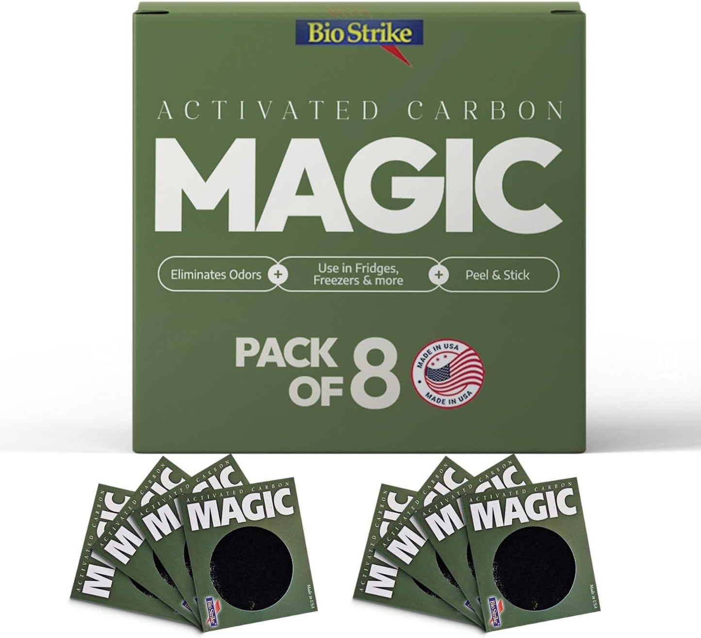 BioStrike Odor Magic - Activated Charcoal Odor Absorber Pads - Kitchen Odor Remover - Easy Peel & Stick Design - All Natural Filters for Trash Cans, Fridges & Small Spaces - Made in USA (8 Pack)