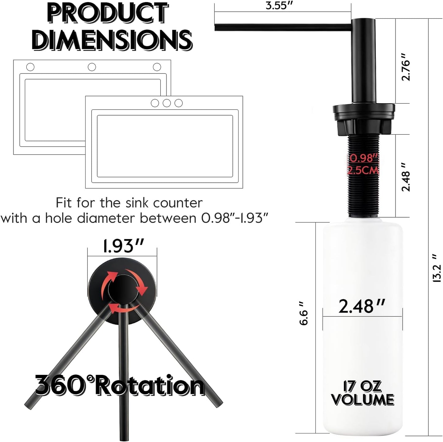 GAPPO Soap Dispenser for Kitchen Sink, Built in Sink Soap Dispenser, Matte Black Stainless Steel Pump Head, Lotion Dispenser with Refillable 17 OZ Bottle