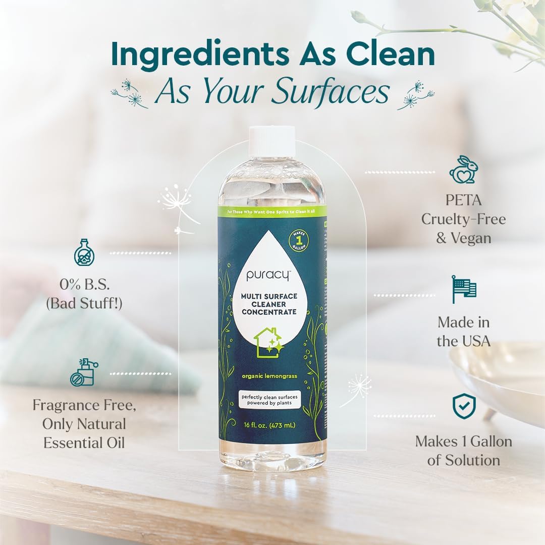 Puracy Multi-Surface Cleaner Concentrate - Plant-Powered Everyday Surface Cleaner - Natural All Purpose Cleaning Solution As Seen on TikTok (Organic Lemongrass, 16 fl oz)