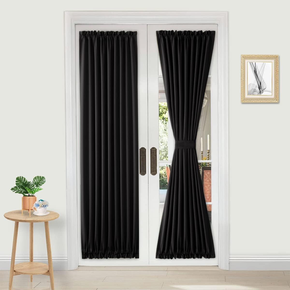 DWCN French Door Curtains – Rod Pocket Thermal Blackout Curtain for Doors with Glass Window, Kitchen and Patio Doors for Privacy, 36 X 72 Inches Long, 1 Curtain Panel with Tieback,Black