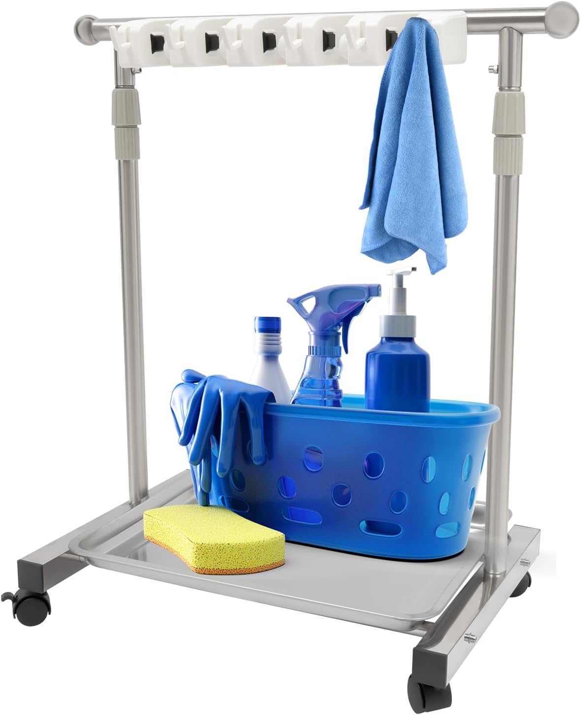 Broom Mop Holder, Movable Put Wet Mops Broom Floor Standing Cleaning Tool Rack 6 Hook and 5 Slots, Stainless Steel Cleaning Supplies Organizer for Home Schools Hospitals Factories Hotels Restaurant