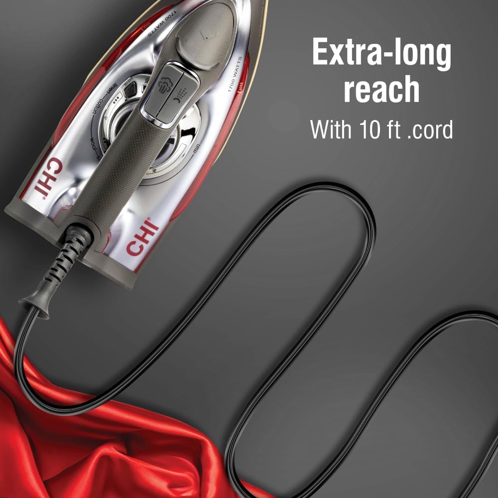 CHI Steam Iron for Clothes with 300+ Holes for Powerful Steaming, Temperature Guide Dial, 1700 Watts, XL 10’ Cord, 3-Way Auto Shutoff, Titanium Infused Ceramic Soleplate, Silver (13101)