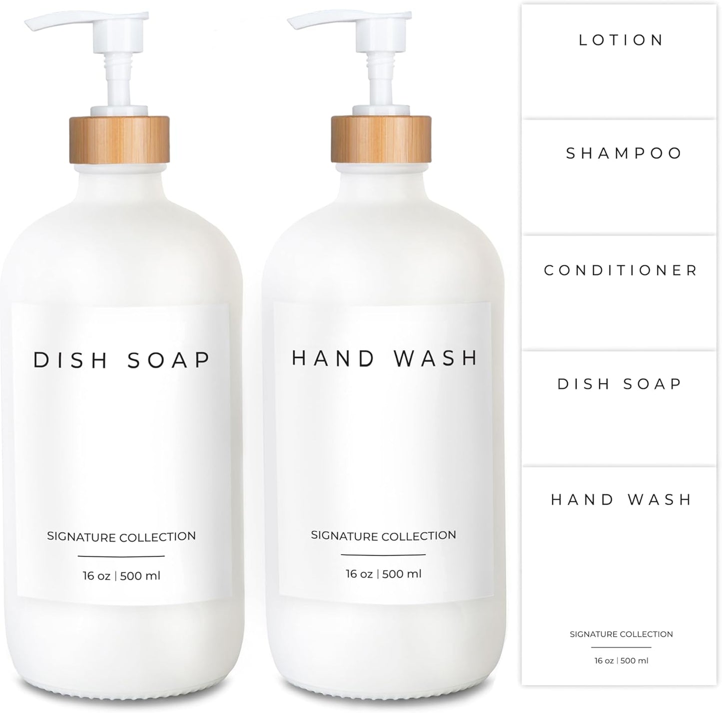 Emerson Soap Dispenser, Dish Soap Dispenser for Kitchen, Soap Dispenser Bathroom Set, Hand Soap Dispenser, Kitchen Soap Dispenser Set - Glass Soap Dispenser with Pump and Labels, 16 Oz, 2 Pack