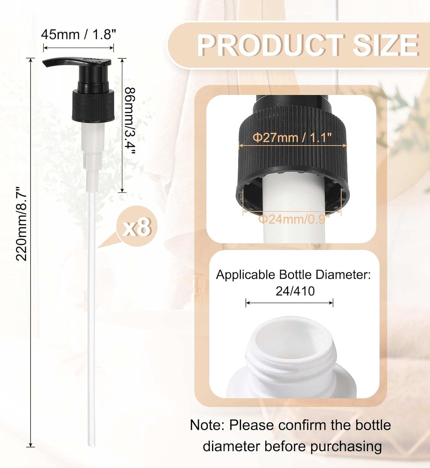 uxcell 8 Pcs Soap Dispenser Pump Heads Soap Dispensers Top Pumps Replacement Switch Pumphead for Standard 24/410 Neck Size Lotion Shampoo Bottle, Black