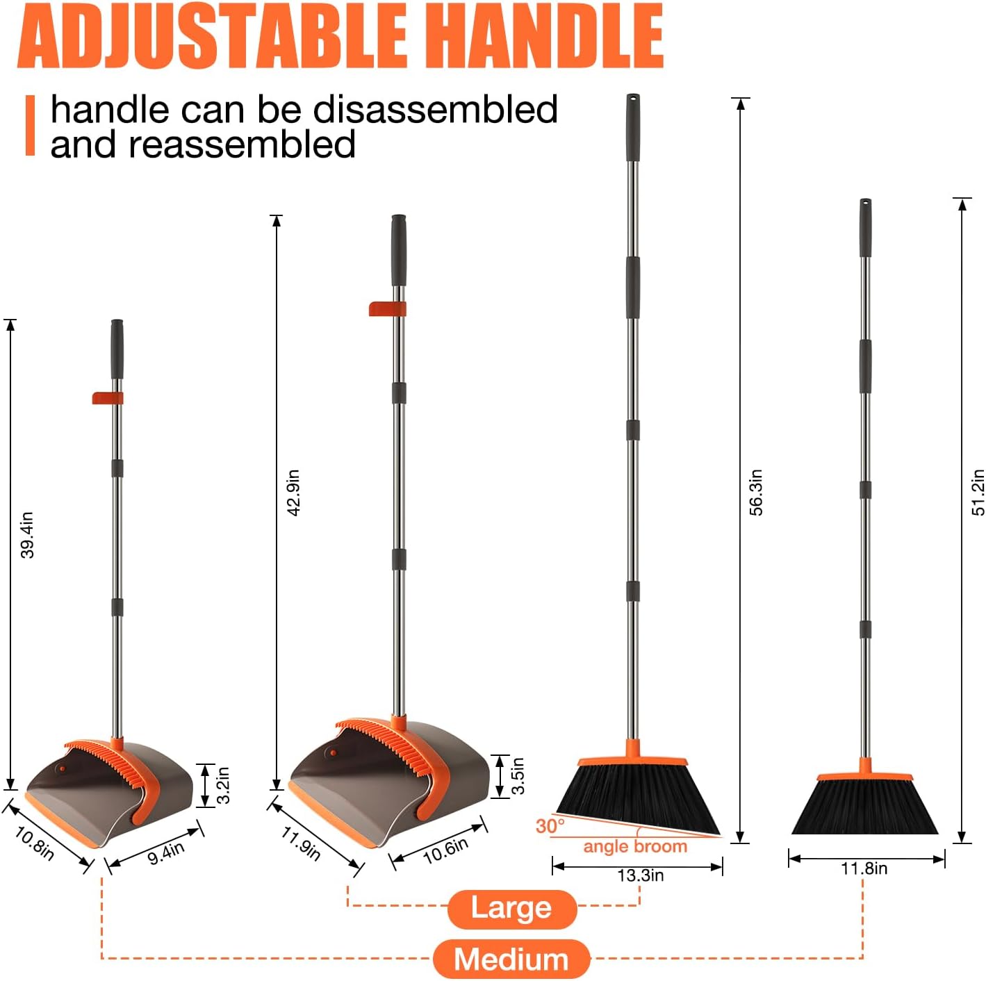 Broom and Dustpan Set, Upgraded Large Broom with Dustpan Combo Set with 56" Tall Adjustable Handle, Self-Cleaning Teeth, Upright Standing Dust Pan for Heavy Duty Indoor Outdoor Cleaning and Pet Hair