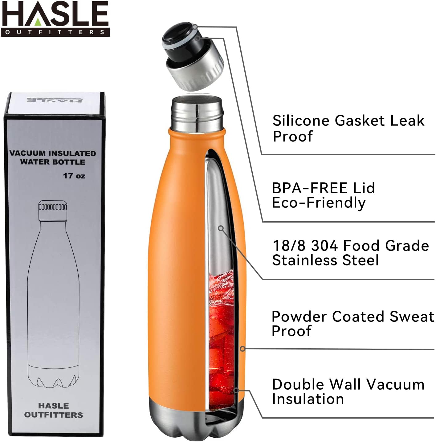 HASLE OUTFITTERS 17oz Stainless Steel Water Bottles Bulk, Vacuum Insulated Water Bottles Double Walled Powder Coated Reusable Metal Sports Water Bottles Keep Drinks Hot and Cold, Orange, 8Packs