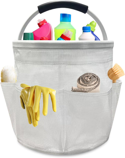 Qivine 17L Cleaning Caddy with Handle, Cleaning Supply Caddy Foldable Tool Bag Cleaning Products Organizers Portable Cleaning Bucket Organiser for Storing Towels (Clear)
