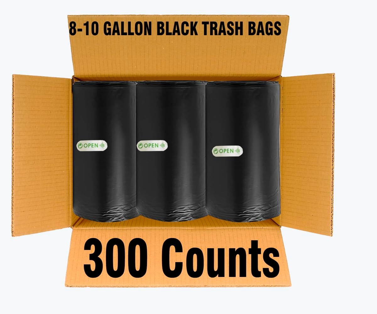 8-10 Gallon Trash Bags, 300 Count Black Garbage bags, Multi-purpose Trash Can Bin Liners for Bathroom, Office, Industrial, Commercial, Janitorial, Municipal, Recycling