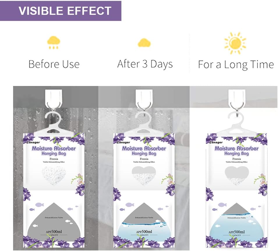 CANAGER Hanging Moisture Absorber, Freesia Moistureproof Hanging Bag，Dehumidifier Bag (8 packs) Hanging Closet Dehumidifier Bags, Moisture Absorb 12.5 oz