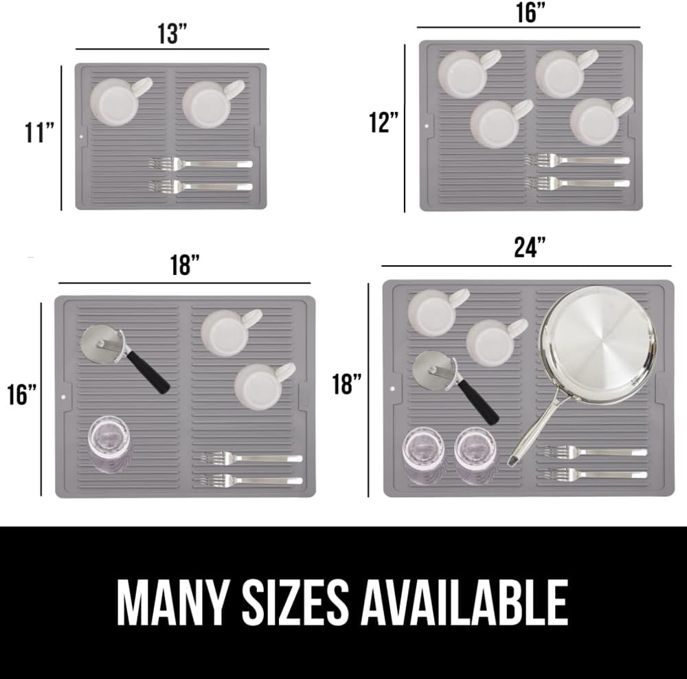 GORILLA GRIP 100% BPA-Free Patented Silicone Dish Drying Mat for Kitchen Counter, Water Catching Ribbed Design, Easy Clean Waterproof Sink Liner, Heat Resistant, Fits Under Rack, 13x11 Inch, Gray