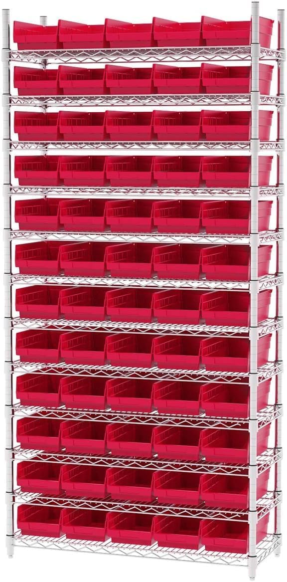 Akro-Mils 30130 Plastic Shelf Bins, Heavy Duty Storage Bins for Garage, Closet, and Drawer Organization, 12-Inch x 6-1/2-Inch x 4-Inch, Red, 12-Pack