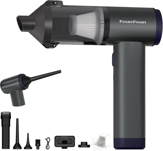 FOUNFOUN Handheld Vacuum Cordless, Portable Car Vacuum, High Power Cleaner for Pet Hair/Car/Home, Suction & Blow 2 in 1, 17-30 Min Run Time, Small Lightweight Gadget, Type-C Rechargeable