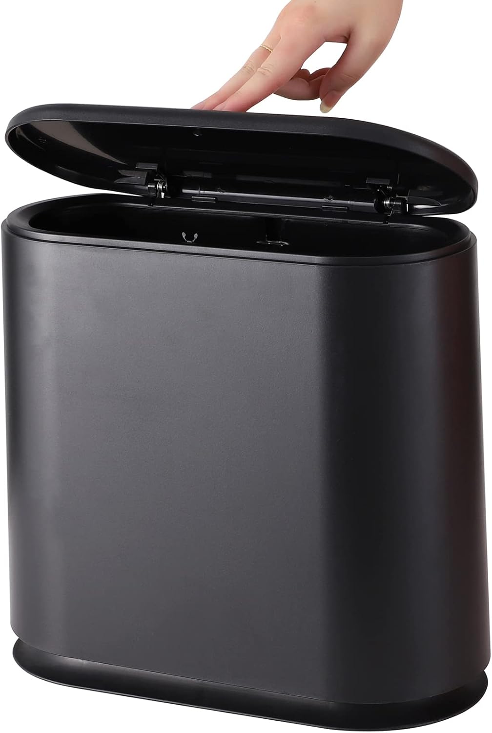 Black Slim Bathroom Trash Can with Press Top Lid,12 Liter Small Thin Garbage Can,3.17 Gallon Narrow Dog Proof Plastic Waste Basket and Covered Wastebasket for Room,Bedroom,Kitchen,Toilet,Office,Dorm
