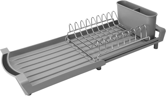 Dish Drying Rack Compact Expandable - A Space-Saving, Stainless Steel, Rust-Resistant Dish Drainer for Kitchen and Apartment Countertops/Sink Cabinets, Extendable from 11.42 to 19.9 inches (Gray)