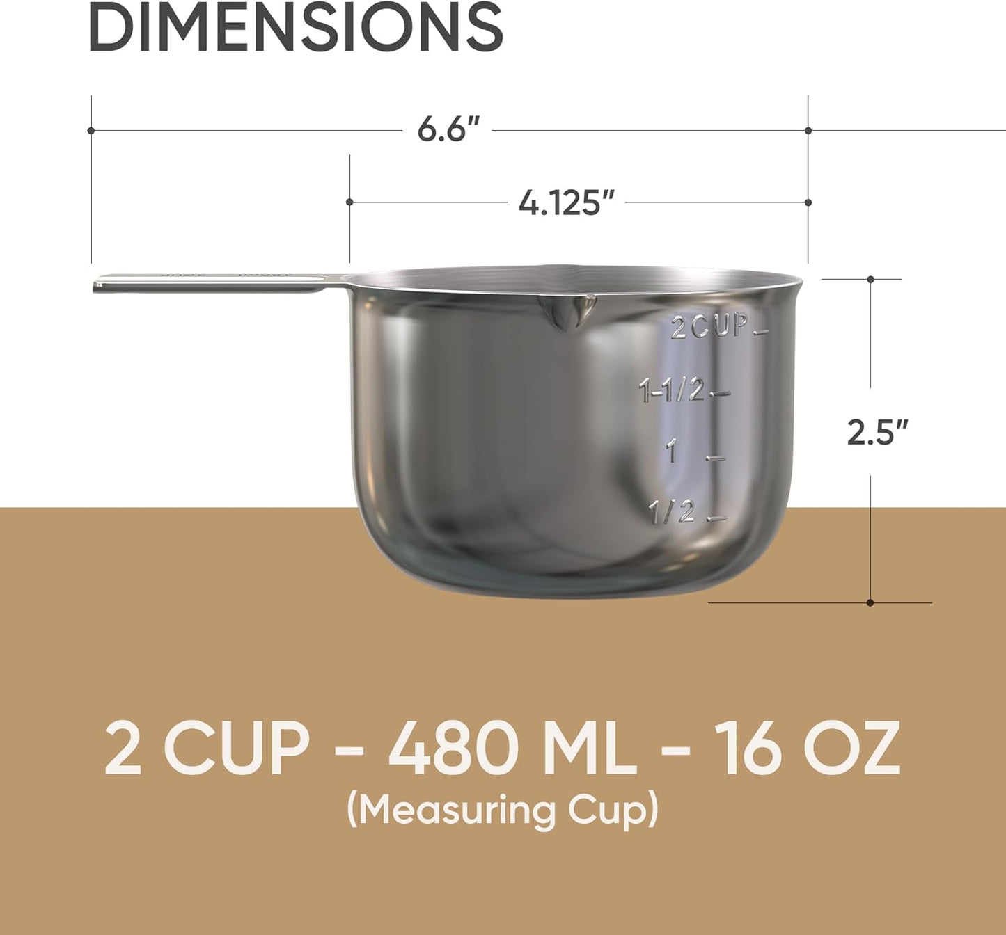 Color Up 2 Cup Measuring Cup, 480ml Stainless Steel Metal, Easy-Pour Spouts, Engraved Markings, Flat Base, Dishwasher Safe, for Dry and Liquid Ingredients