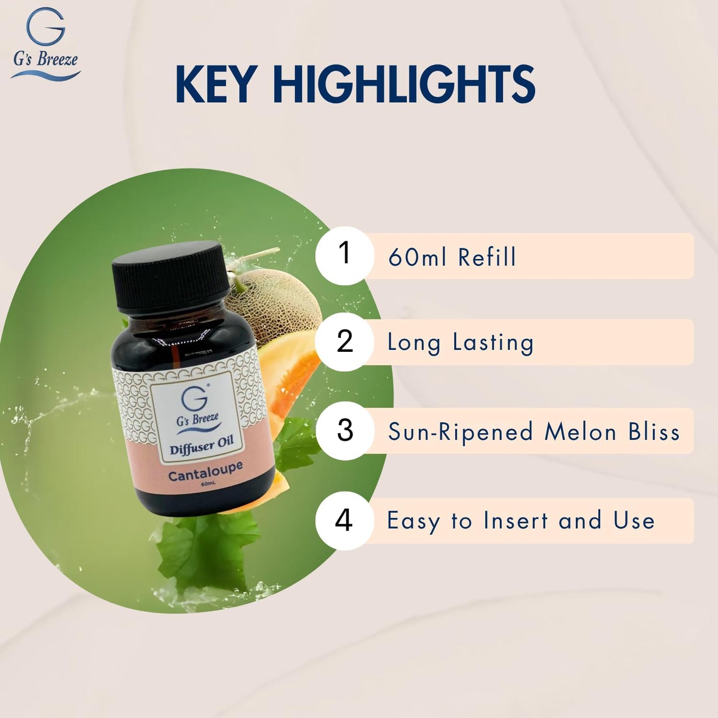G's Breeze Cantaloupe Diffuser Oil Refill - Sweet, Refreshing & Juicy Scent of Ripe Cantaloupe - Uplifting Aroma, Fruity Spray for Home or Office - Energizing & Long-Lasting Fragrance - 60 ML