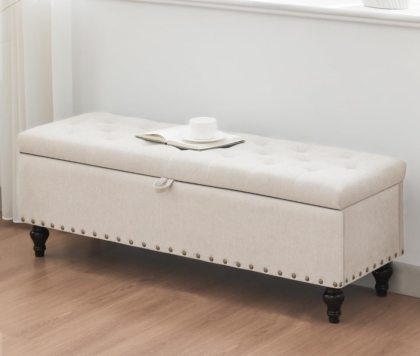 50" Storage Ottoman Bench, Tufted Ottoman with Storage for Living Room, Large End of Bed Ottomans, Modern Entryway Benchs, Window & Bedroom Benches for Foot of Bed (Light Beige)