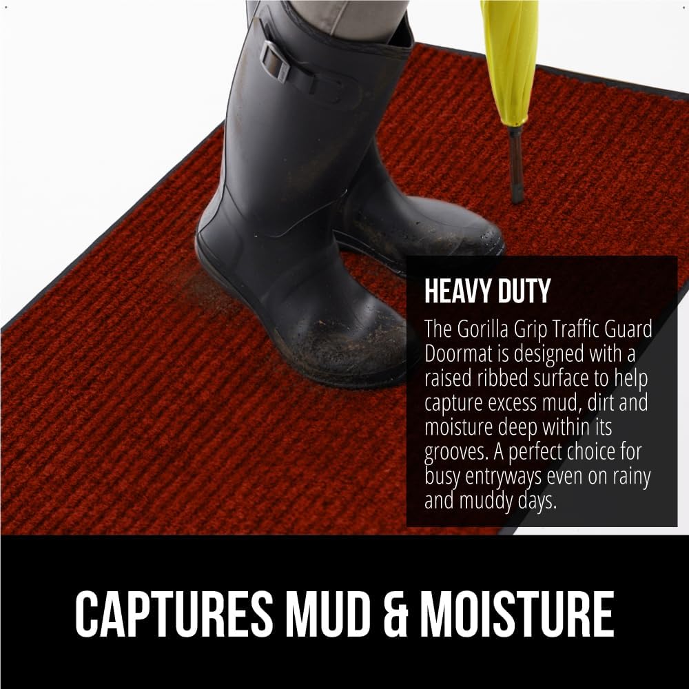 GORILLA GRIP Traffic Guard Door Mat, 60x36, Heavy Duty Welcome Mats, Commercial Office Space Doormat, Waterproof, Fade Resistant, Strong Rubber Backing, Low Profile, Shoe and Boot Scraper, Red