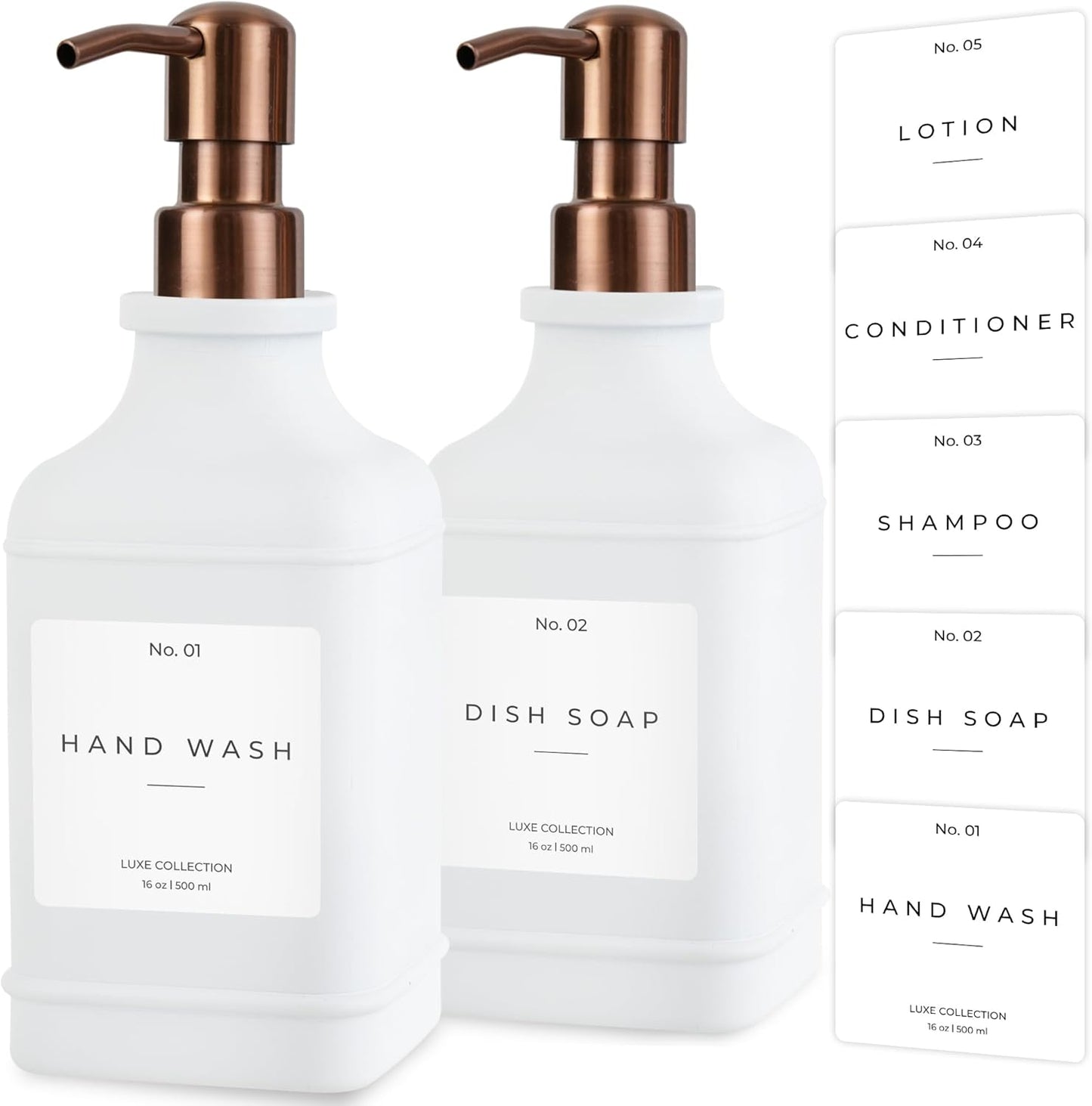 Emerson Essentials Soap Dispenser, Dish Soap Dispenser, Soap Bottle Bathroom Set, Hand Soap Dispenser, Kitchen Soap Dispenser Set - Glass Soap Dispenser with Pump and Labels, 16 Oz, 2 Pack