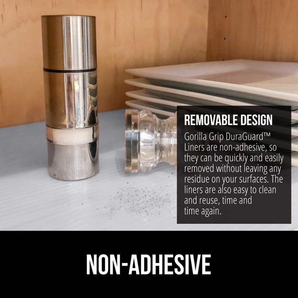 GORILLA GRIP DuraGuard Shelf Liner, Non-Adhesive Cabinet Liners for Kitchen Drawers, Shelves, Refrigerator, Pantry Storage, Bathroom Closet, Durable Waterproof BPA Free Ribbed Plastic, 12x10 Lt Gray