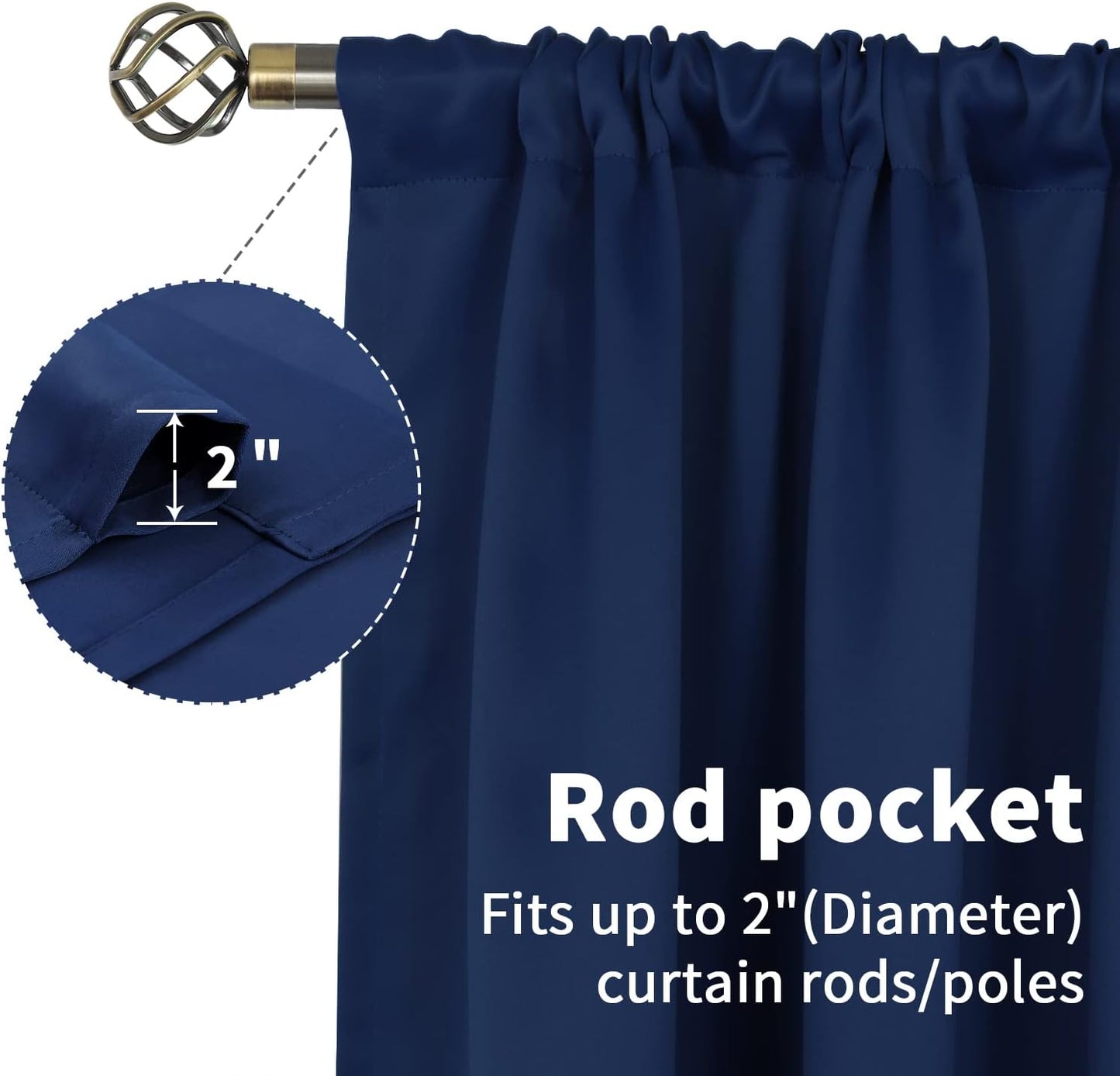 BGment Rod Pocket Blackout Curtains for Bedroom - Thermal Insulated 70 Inches Width Room Darkening Curtain for Living Room, 70 x 63 Inch, 2 Panels, Navy Blue