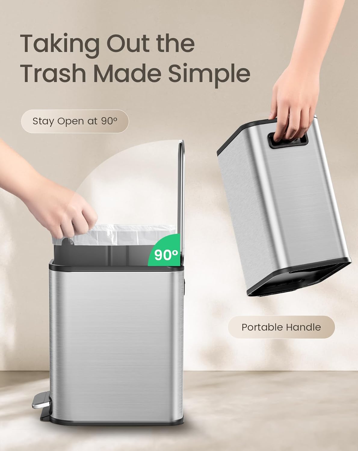 Cesun Small Bathroom Trash Can with Lid Soft Close, Step Pedal, 5 Liter / 1.3 Gallon Stainless Steel Garbage Can with Removable Inner Bucket, Waste Basket for Bathroom, Bedroom (Silver)