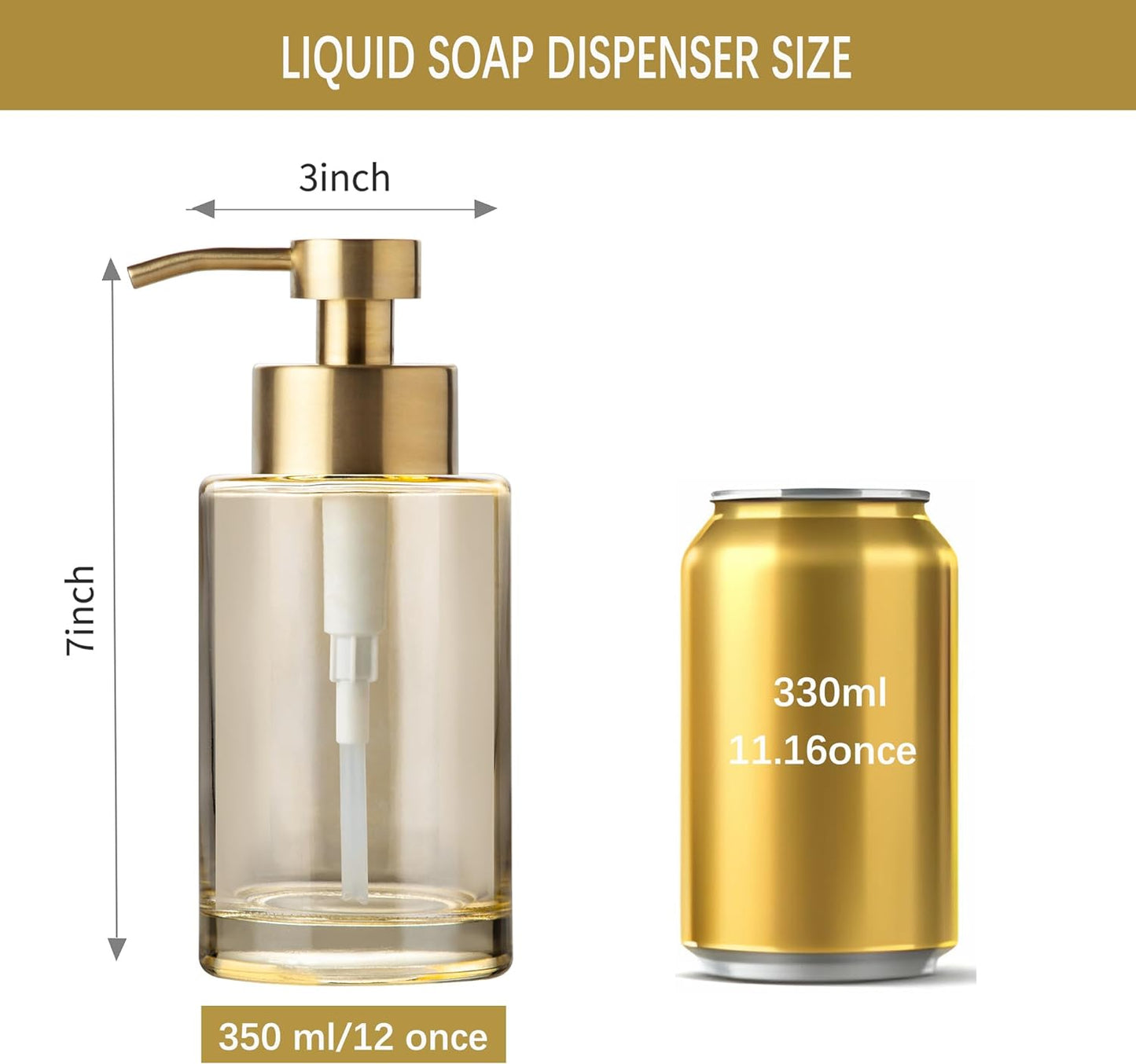 Enra Thick Glass Soap Dispenser with Stainless Steel Pump,12oz Gold Bathroom Hand Liquid Soap Dispensers,Lotion Dispenser,Soap Dispenser for Bathroom,Kitchen