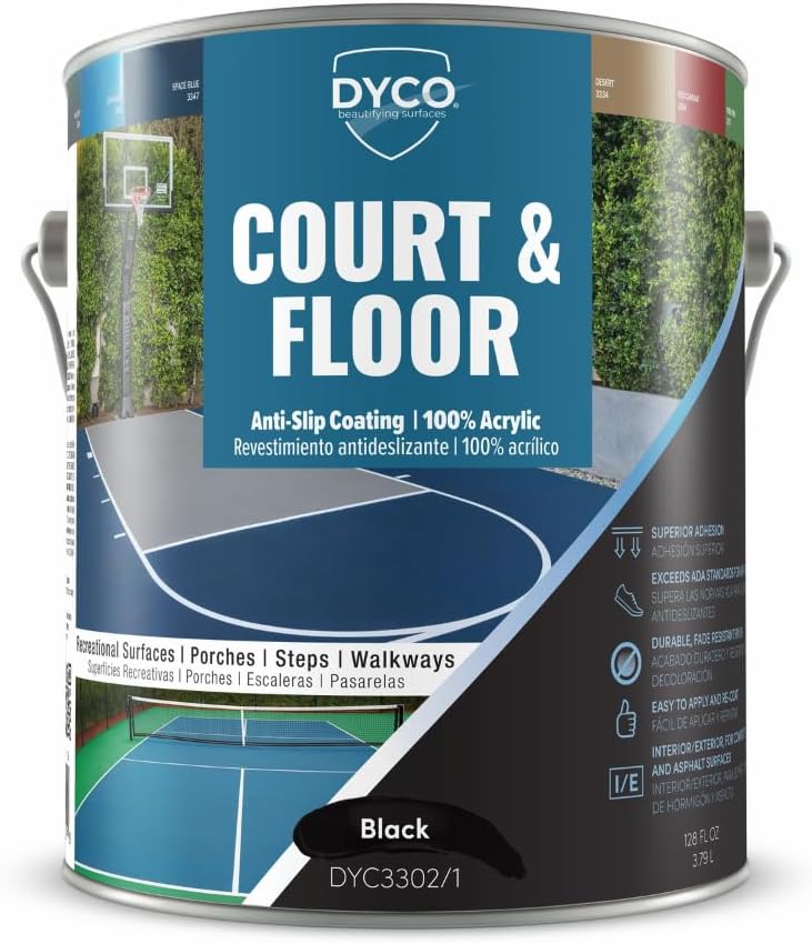 DYCO Court & Floor Anti-Slip Coating - Slip-Resistant Pavement, Cement & Concrete Paint for Pickleball, Tennis & Basketball Courts, Exceeds ADA Standards for Safety Areas (Black, 1 Gallon)