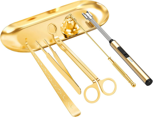 6 in 1 Candle Accessory Set,Candle Wick Trimmer Cutter,Candle Wick Dipper,Candle Wick Snuffer, Rechargeable Candle Lighter,Storage Tray Plate,Tweezers,Stainless Steel Candle Care Kit Home Gift(Gold)
