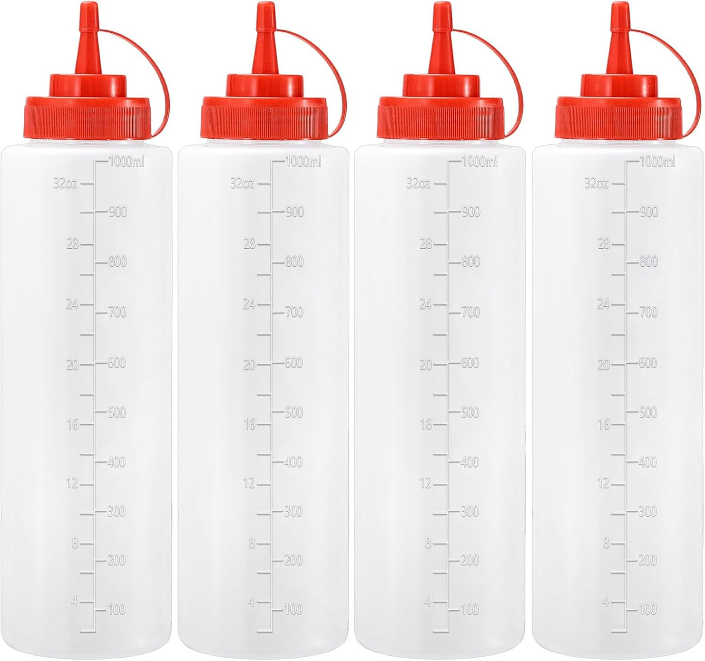 Condiment Squeeze Bottles Ketchup Dispenser, 4 Pack 32oz Squeeze Bottles for Liquids, Plastic Sauce Bottle with Cap Lid, Squirt Bottles for Sauces Liquids BBQ Dressing Pancake Art