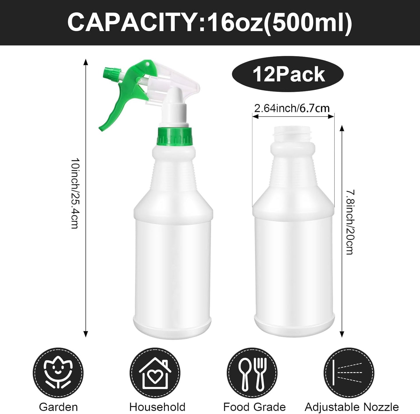 Eccliy 12 Pcs 16 Oz Plastic Spray Bottle, Adjustable Empty Reusable Sprayer for Cleaning, Planting, Water, Bathroom and Kitchen, BBQ, Commercial and Residential(Green,Original)