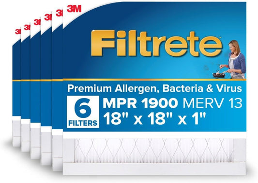 Filtrete 18x18x1 AC Furnace Air Filter, MERV 13, MPR 1900, Premium Allergen, Bacteria & Virus Filter, 3-Month Pleated 1-Inch Electrostatic Air Cleaning Filter, 6-Pack (Actual Size 17.81x17.81x0.78 in)