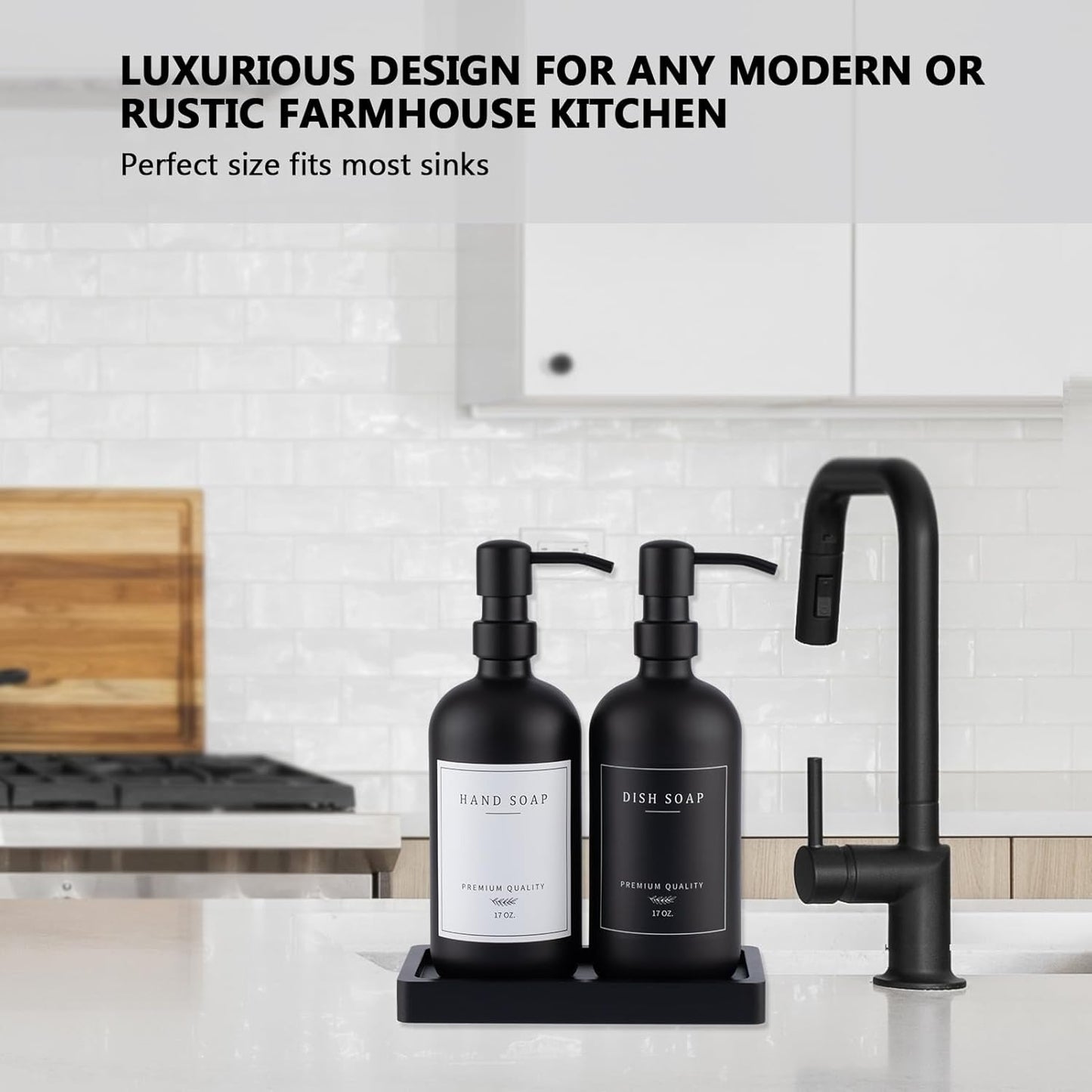 Black Thick Glass Soap Dispenser - Farmhouse Kitchen Dish &Hand Soap Dispenser Set, 304 Rustproof Pump Lotion Dispenser Bathroom with Tray, 14 Waterproof Stickers for Kitchen Decor Sink